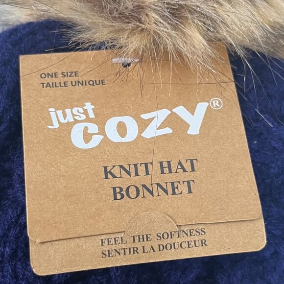 Just Cozy Knit Hat Bonnet Blue Pom Pom  Ball Cable Knit Thermal Lining OS New - Picture 4 of 9
